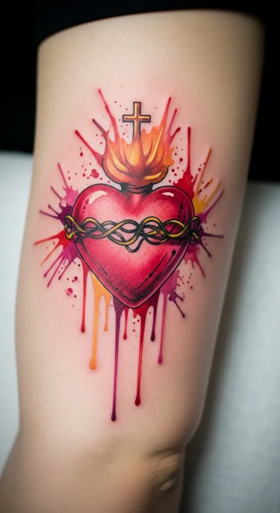  Watercolor Sacred Heart Tattoo
