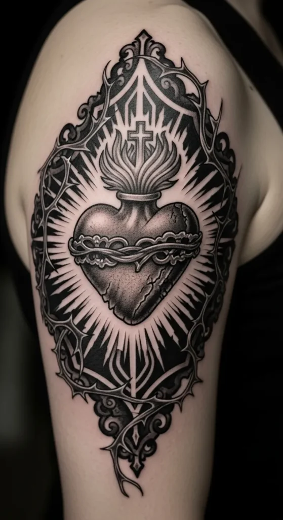 black and grey sacred heart tattoo