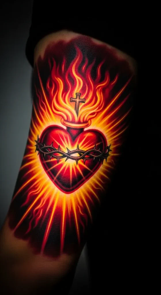 Sacred Heart with Flames and Light Rays