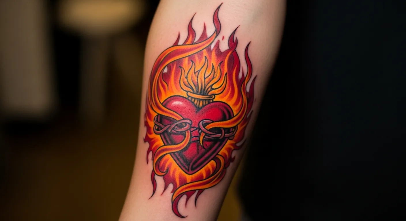 24 Fiery Sacred Heart with Flames Tattoos That Feel Passionate