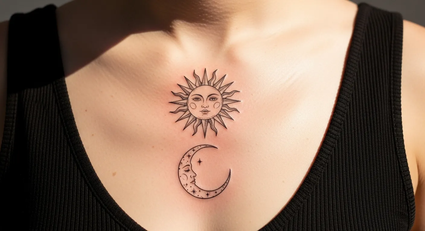 29 Gorgeous Sun and Moon Sternum Tattoo for Striking and Feminine Placement Ideas