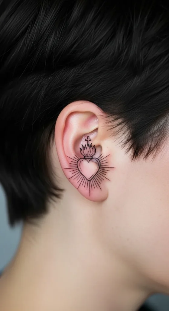  Behind Ear Sacred Heart Outline