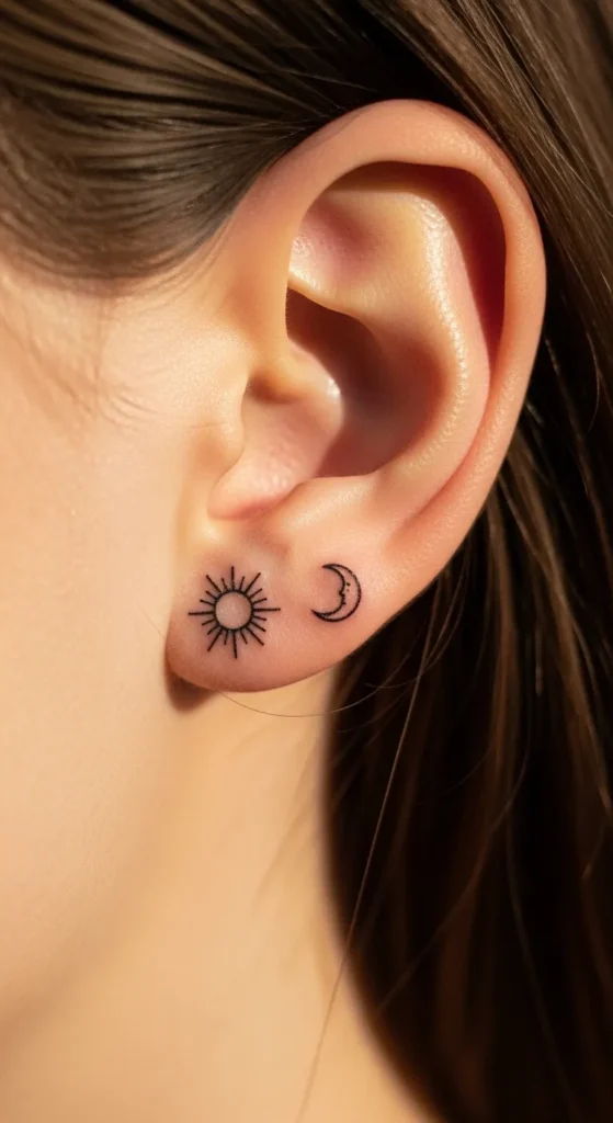 Behind Ear Sun Moon Tattoo