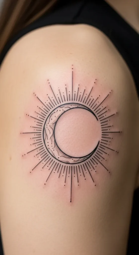 Black Ink Crescent Moon with Sun Rays Frame