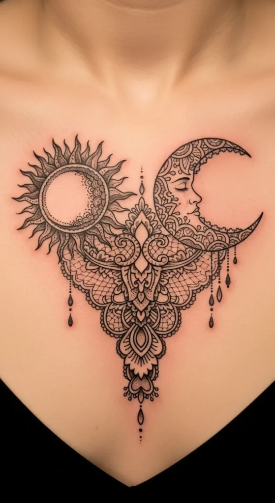 Boho Lace Sun Moon Sternum Tattoo