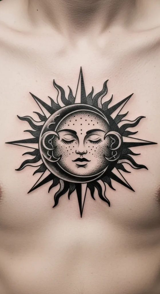 Bold Blackwork Sun Moon Sternum Ink
