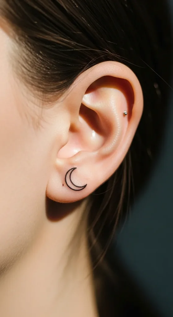 Crescent Moon Behind Ear Tattoo