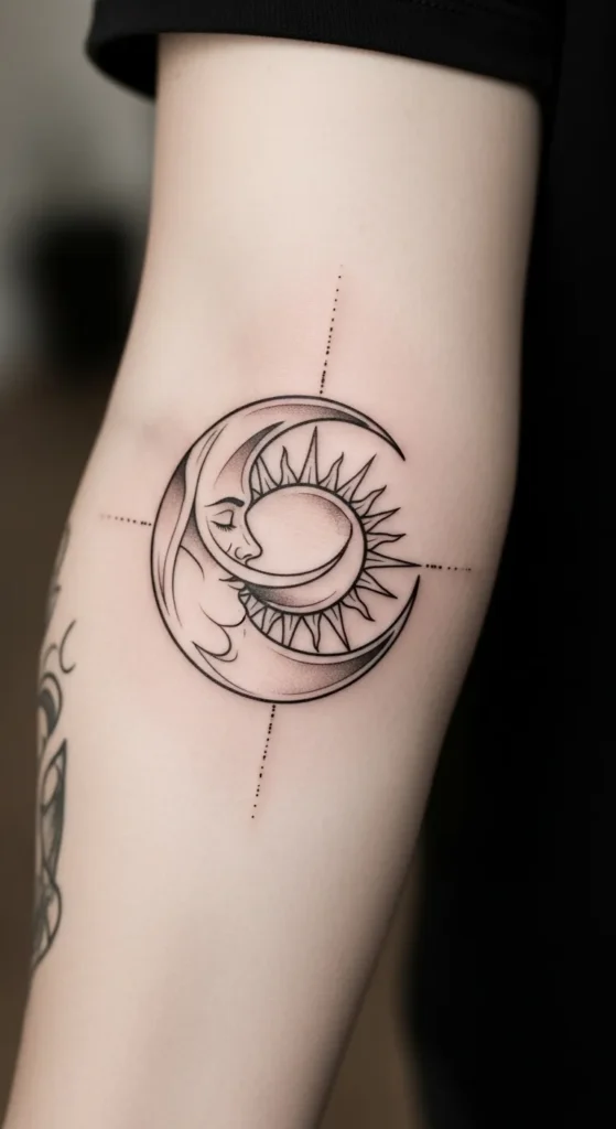 Crescent Moon Hugging Sun Design