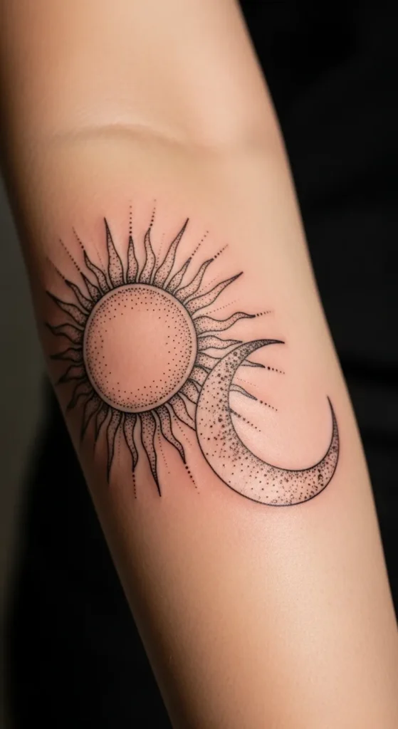 Fine Dotwork Sun and Crescent Moon