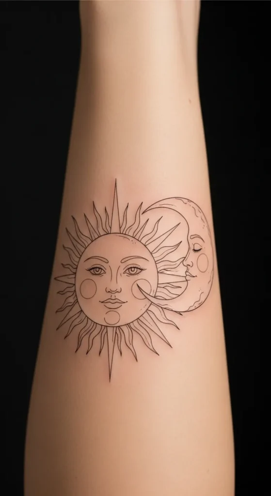 Line Art Face Sun and Moon