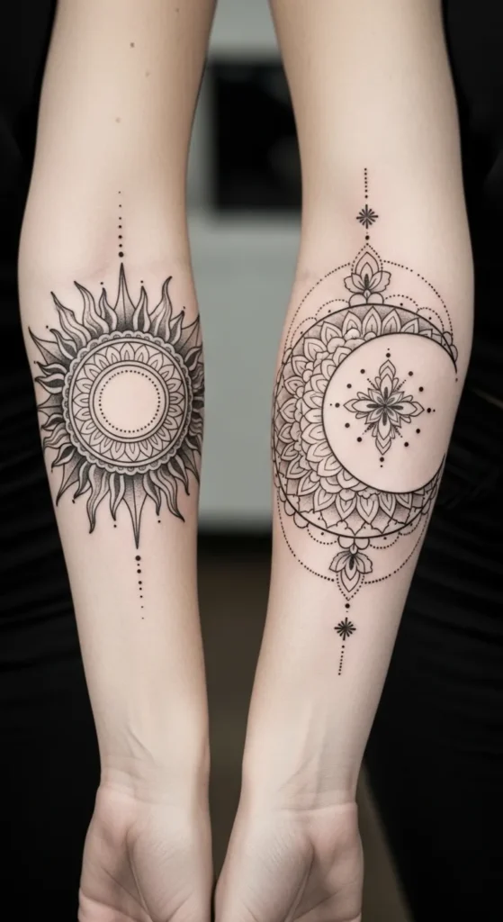 Mandala Sun and Crescent Moon