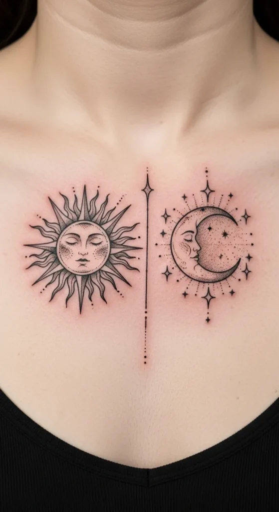 Matching Couple Split Sun Moon Sternum Idea