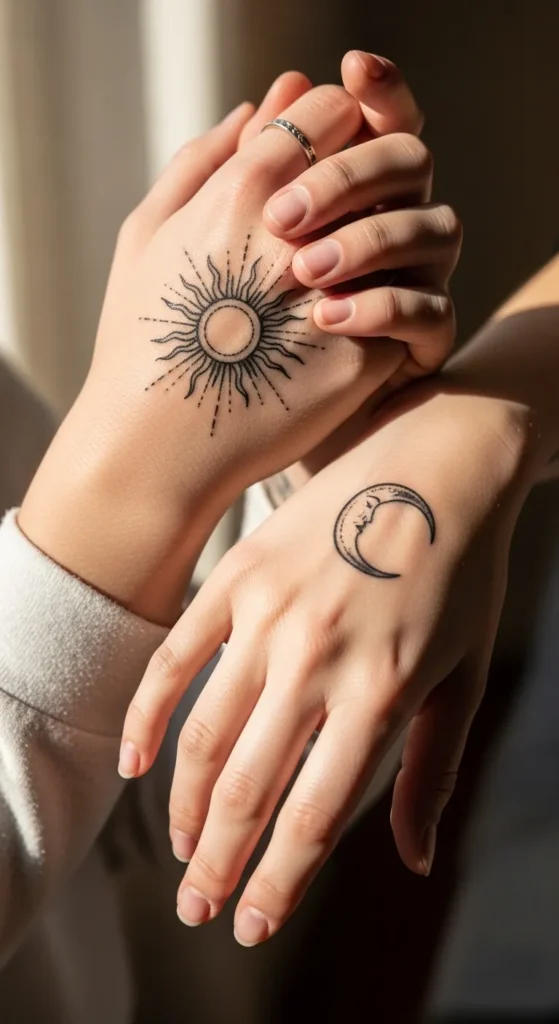 Matching Couple Sun Moon Tattoos