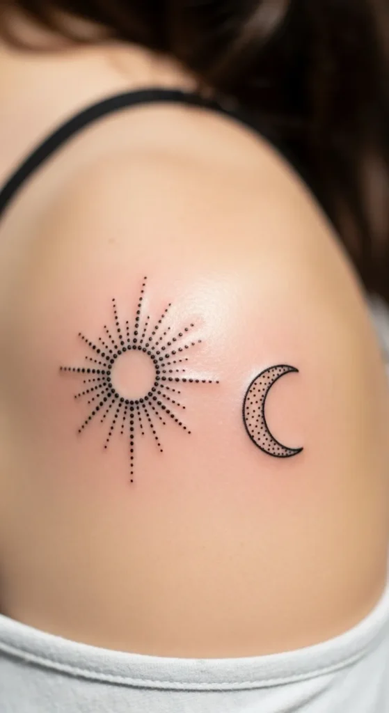 Minimal Dotwork Sun and Moon Pair
