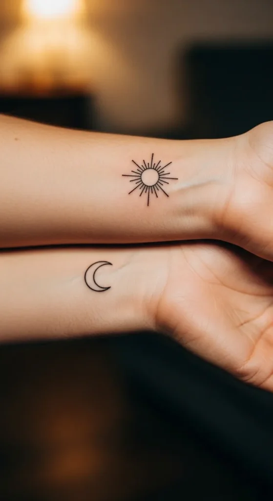 Minimal Line Sun and Crescent Moon
