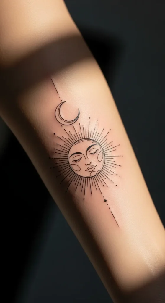 Minimal Sun Face Line Art with Moon Curve