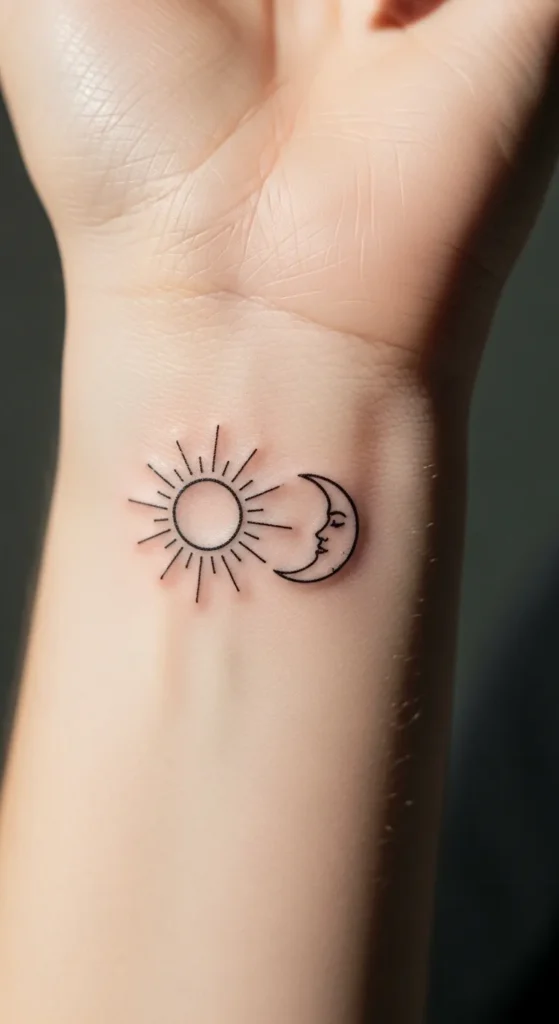 Minimal Sun and Moon Wrist Tattoo