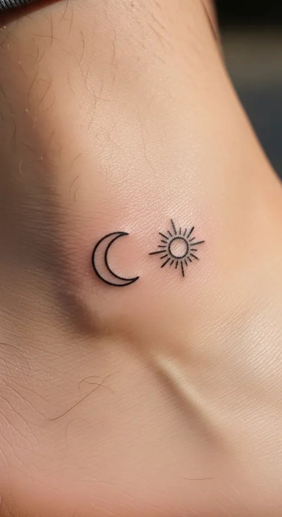 Small Ankle Sun Moon Tattoo