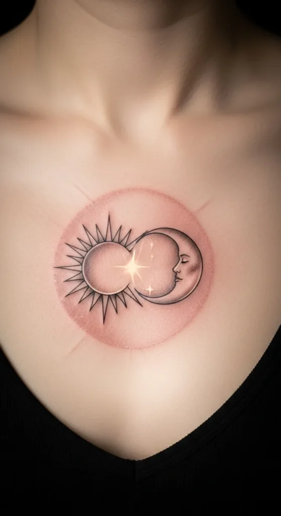 Soft Glow Sun and Moon Sternum Minimal Style