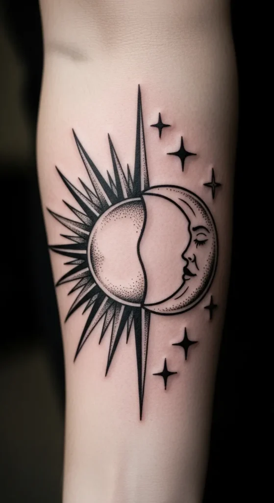  Split Half Sun Half Moon Forearm Design