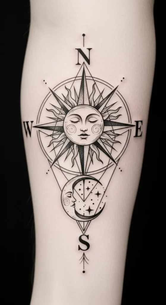 Sun Moon Compass Tattoo