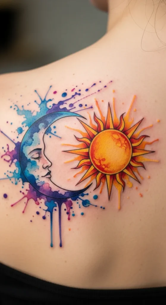 Sun Moon Watercolor Style Tattoo
