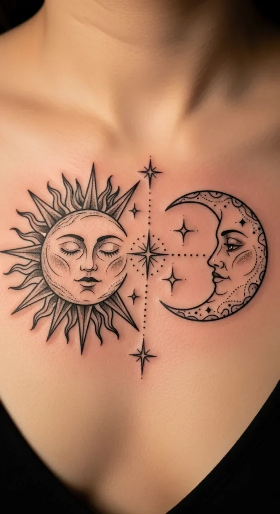  Sun Moon with Stars Sternum Design