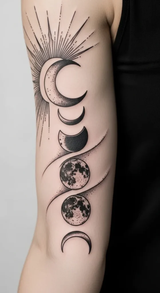 Sun Rays and Moon Phases Band Tattoo