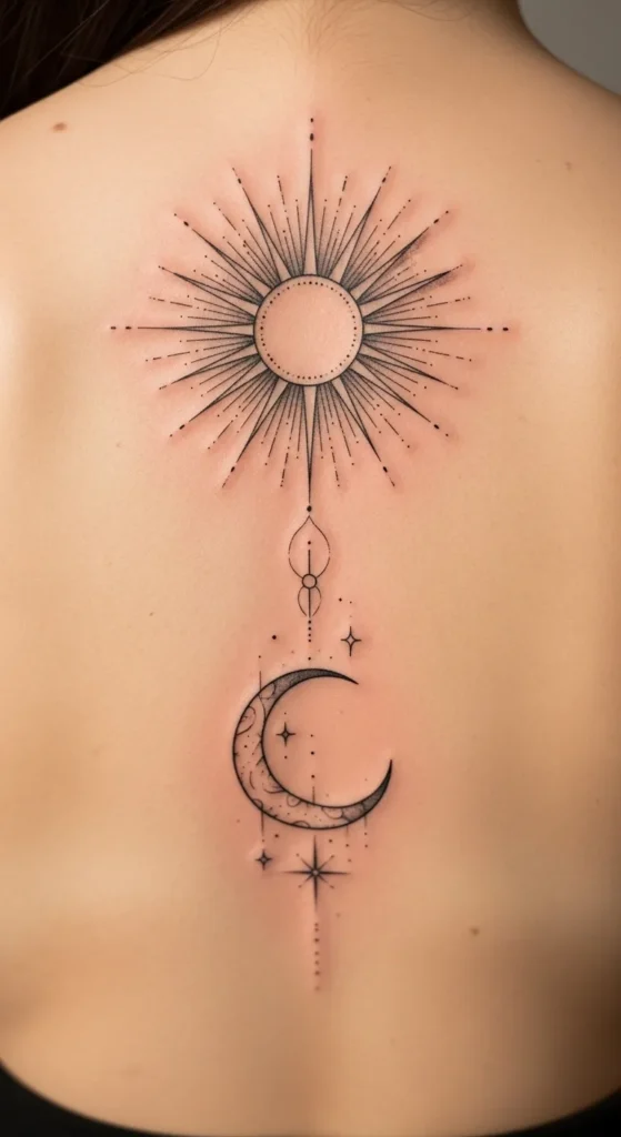 Sun and Moon Spine Line Tattoo