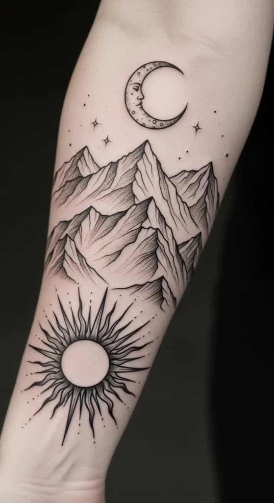  Sun and Moon with Mountain Base Line