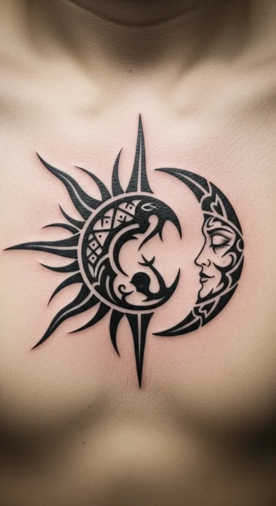 Tribal Inspired Sun and Moon Chest Ink