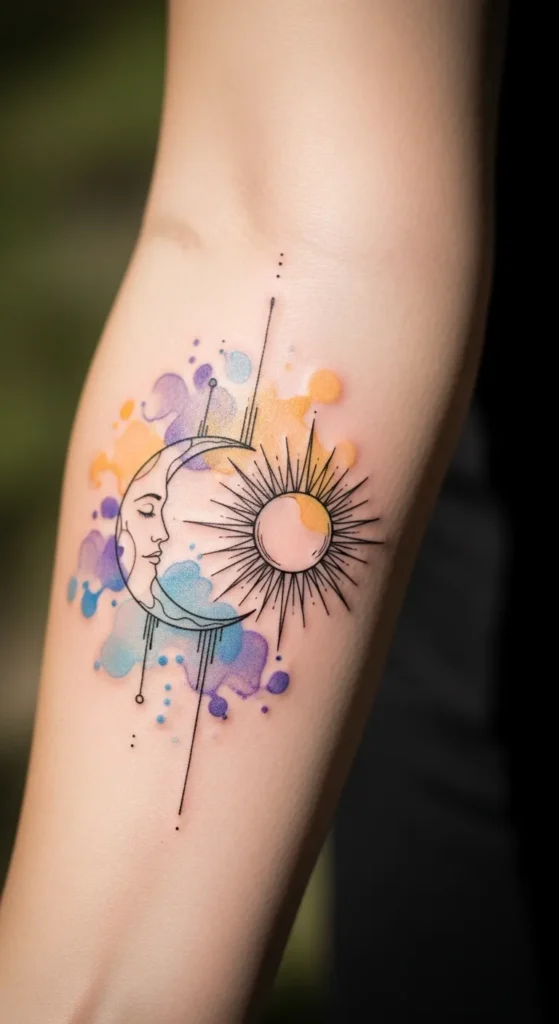 Watercolor Style Sun and Moon Outline