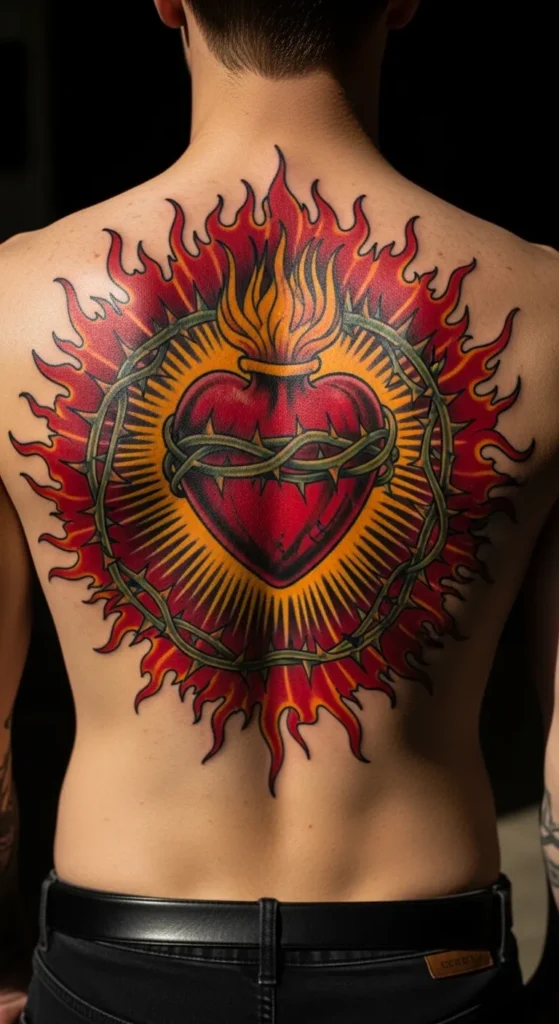 sacred heart back tattoo