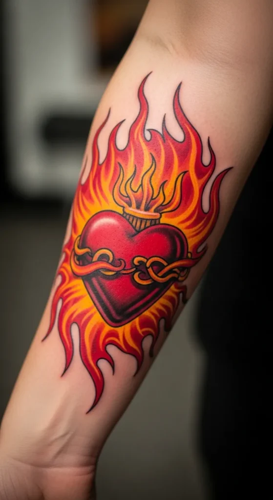 sacred heart with flames tattoo