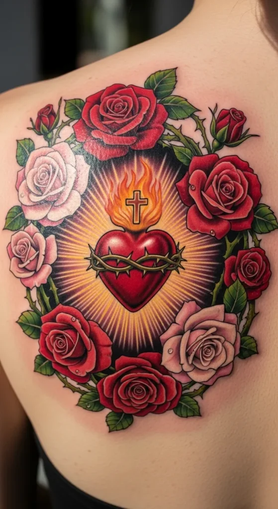 sacred heart with roses tattoo