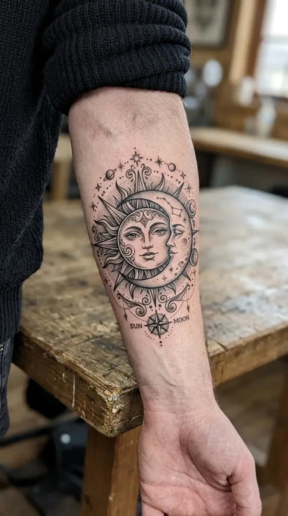 Black and Grey Celestial Tattoo