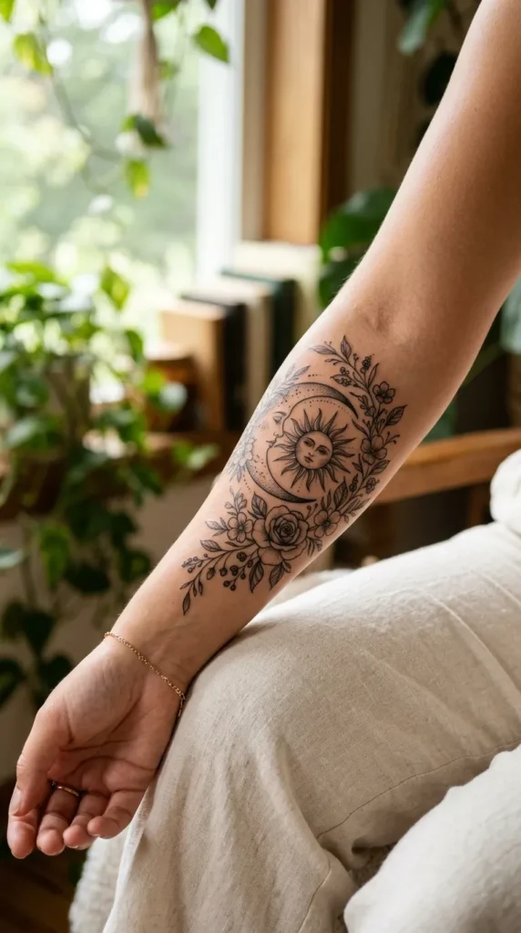 Floral Sun and Moon Tattoo
