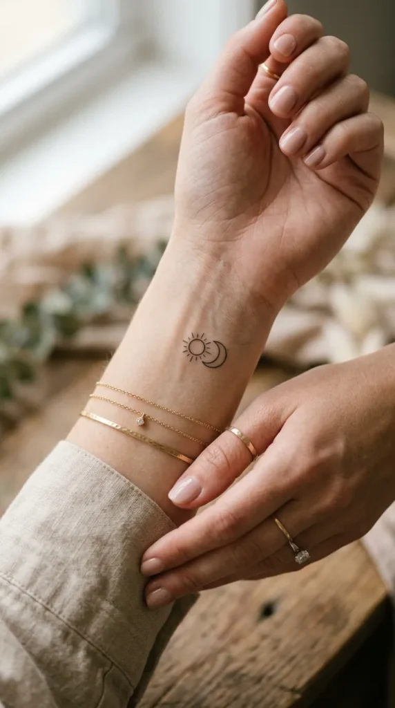 Minimalist Sun and Moon Wrist Tattoo