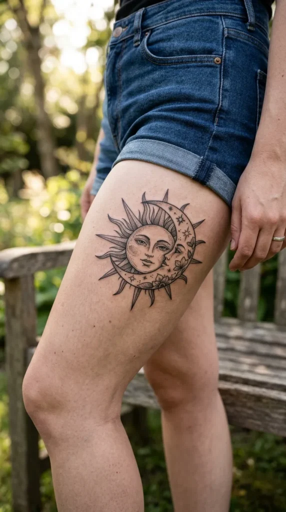 Sun and Moon Thigh Tattoo