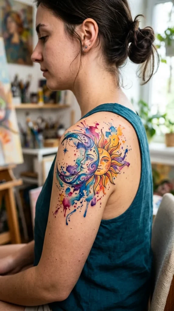 Watercolor Sun and Moon Tattoo