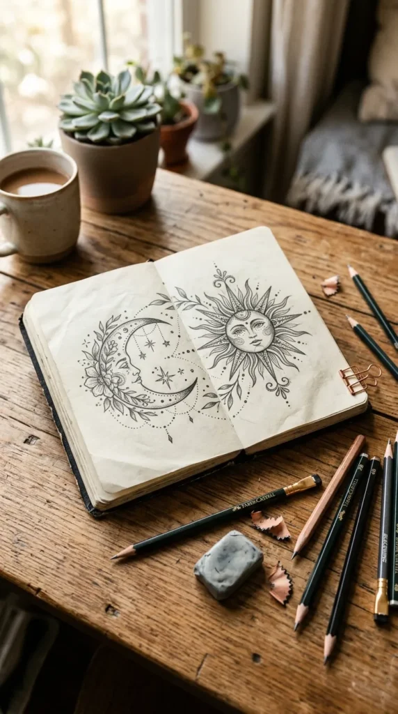 how to draw a sun and moon tattoo