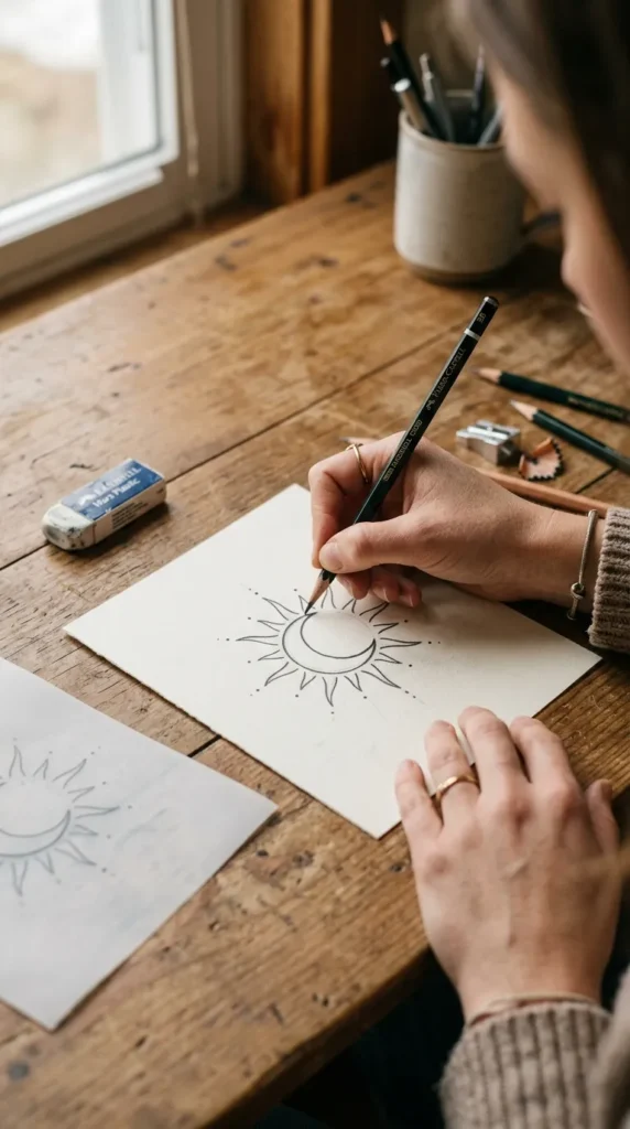 how to make a simple sun and moon tattoo stencil